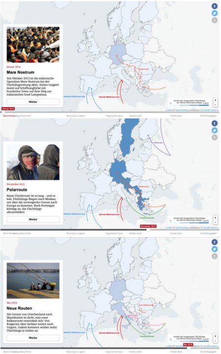 Abbildung 2: Verschiedene Stadien der Karte „Fluchtrouten - wie politische Entscheidungen die Wege nach Europa verändern“ (taz.de 2016); oben: Ausgangskarte (Januar 2014), Mitte: November 2015, unten: Mai 2016