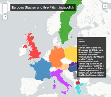 Abbildung 4: Ausgewählte europäische Staaten und ihre Politik bezüglich Flüchtenden (Moering 2015); Das dunkelgraue Textfeld erscheint durch Klicken auf das jeweilige Staatsgebiet.