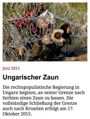 Abbildung 7: Foto und zugehöriger Text im Eintrag „Ungarischer Zaun“ (taz.de 2016)