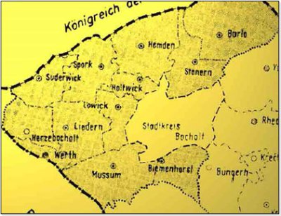 Lage der Eingemeindungen um die alte Stadtgrenze bis 1975; Mitte des Stadtkreis Bocholt: ungefähre Lage und Größe des Stadtgebietes um 1900