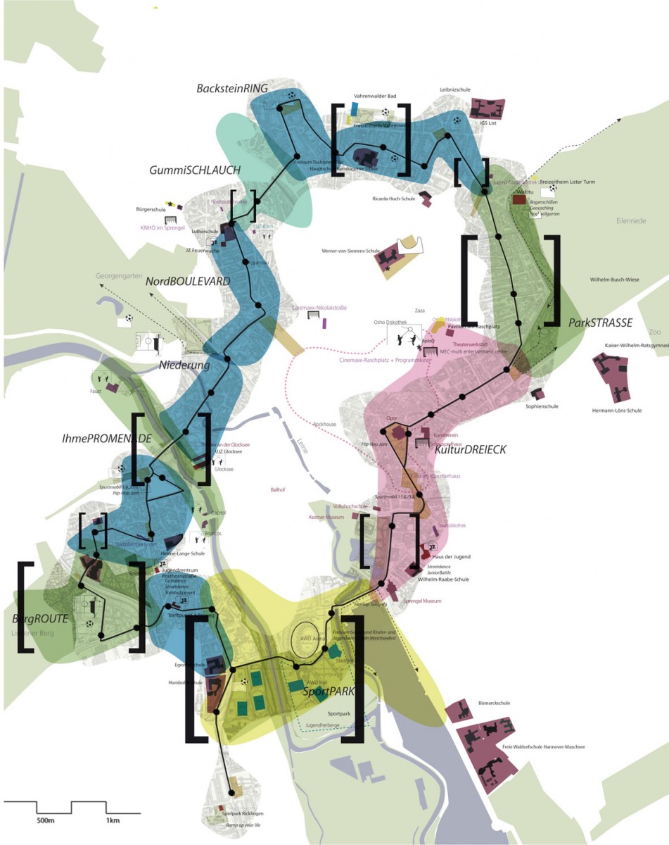 Abb. 3) Raumperspektive: Karte der Kraftfelder entlang der Buslinie 100/200 mit Räumen für Impulsprojekte